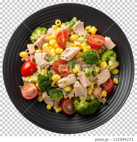 tuna and corn pasta salad with tomatoes and broccoli  132994271