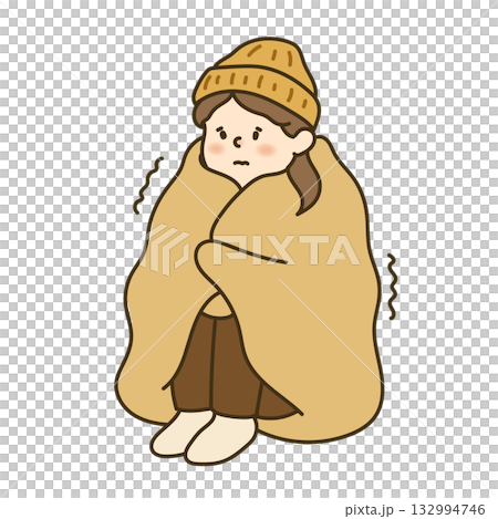 Illustration of a woman shivering wrapped in a blanket 132994746