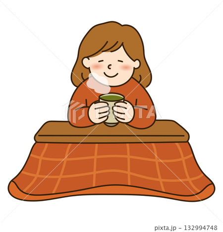 こたつに入ってお茶を飲む女性のイラスト こたつに入ってお茶を飲む女性のイラスト 132994748