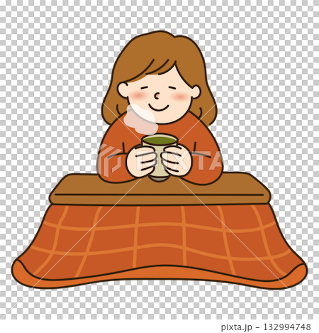 こたつに入ってお茶を飲む女性のイラスト こたつに入ってお茶を飲む女性のイラスト 132994748