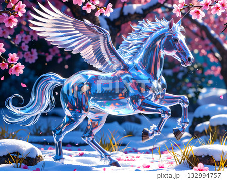 透明なガラスで出来た馬と桜 132994757