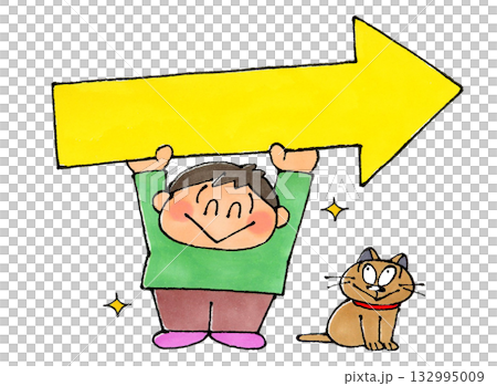 Boy holding an arrow pointing right 132995009