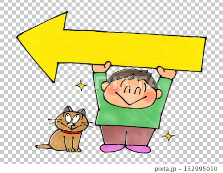 Boy holding an arrow pointing left 132995010