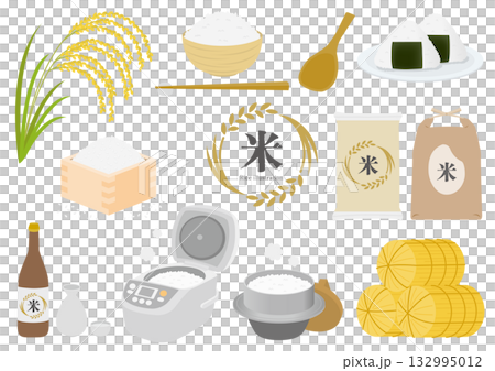 稲穂や白米等の色々な米のイラストのセット 稲穂や白米等の色々な米のイラストのセット 132995012