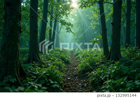 Forest landscape, deciduous and spruce trees, sunset background. AI Generative 132995144