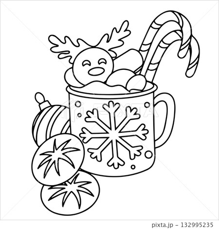 Cute Christmas coloring page. Hot chocolate. Doodle style vector illustration. 132995235