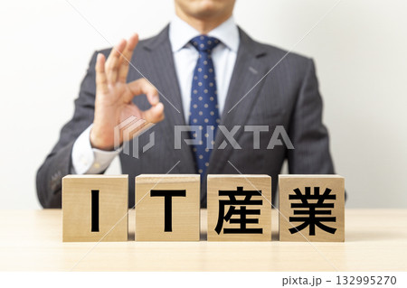 「IT産業」と書かれたブロックとOKポーズをするビジネスマン 132995270