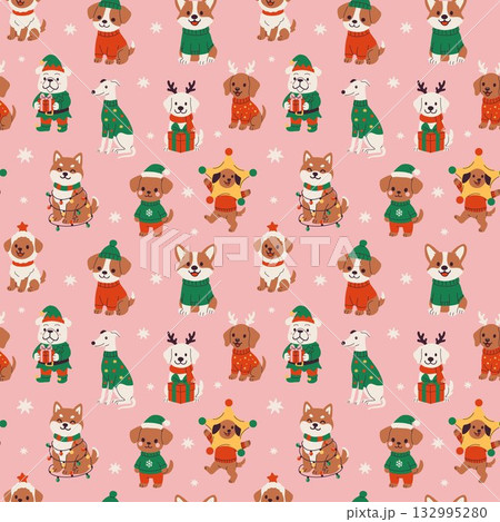 Cute dogs in festive outfits celebrate the holiday season with gifts and decorations on a pink background 132995280