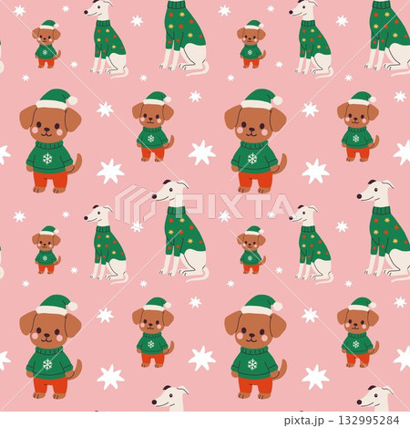 Cute dogs wearing festive sweaters on a pink background with snowflakes during winter season 132995284
