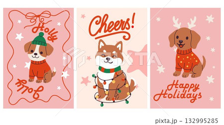 Cute holiday cards featuring playful dogs ready to celebrate seasonal festivities 132995285