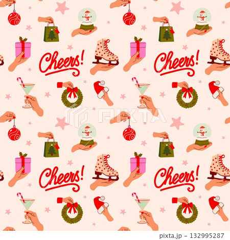 Holiday celebration pattern featuring festive decor, drinks, and cheerful gifts in a vibrant design 132995287