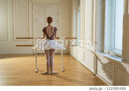 Young ballerina in tutu skirt stretching practicing ballet positions dancing near ballet barre in dance class. Young classical dancer woman in dance studio. Ballet class training Ballet school concept 132995490