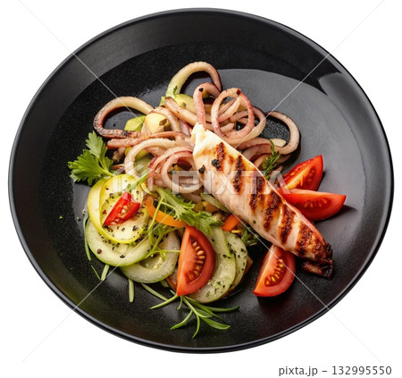 grilled squid garnished with vegetables grilled squid garnished with vegetables 132995550