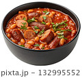 hearty bean stew with sausage herbs and spices 132995552