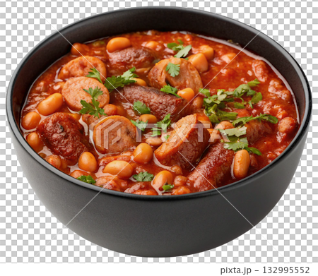 hearty bean stew with sausage herbs and spices 132995552