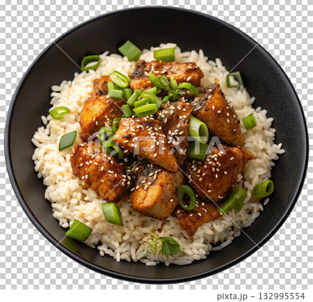 teriyaki chicken with green onion rice 132995554