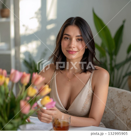 春の花に囲まれて在宅ワークとリラックスを楽しむ穏やかな女性のミニマルオフィス風景 春の花に囲まれて在宅ワークとリラックスを楽しむ穏やかな女性のミニマルオフィス風景 132995905