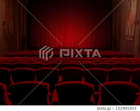 Empty Theater Seats Facing Red Velvet Stage Curtain. 132995953