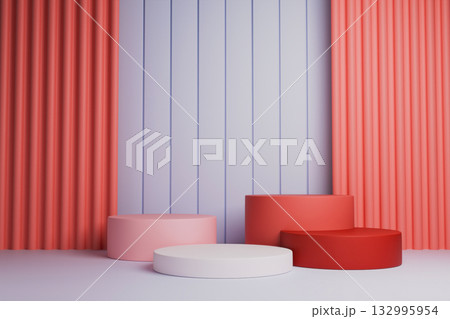 a static scene with several cylindrical podiums of different sizes and colors a static scene with several cylindrical podiums of different sizes and colors 132995954