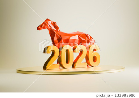 The horse-shaped symbol of the new year 2026 stands on a pedestal-podium. The horse-shaped symbol of the new year 2026 stands on a pedestal-podium. 132995980
