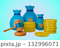 a gavel, money bags, and stacks of gold coins 132996071