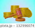 A gavel and stacks of gold coins symbolize a legal or financial decision 132996074