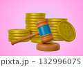 A gavel and stacks of gold coins symbolize a legal or financial decision 132996075