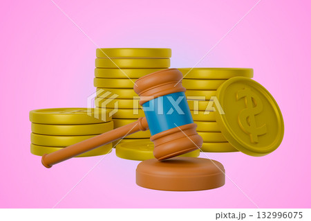 A gavel and stacks of gold coins symbolize a legal or financial decision A gavel and stacks of gold coins symbolize a legal or financial decision 132996075
