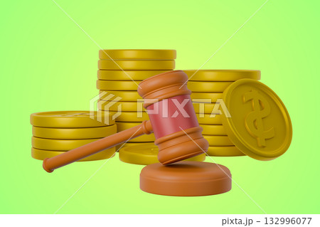 The gavel rests beside stacks of gold coins, symbolizing a legal The gavel rests beside stacks of gold coins, symbolizing a legal 132996077