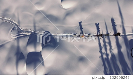 Explorers pulling sleds across snowy landscape Explorers pulling sleds across snowy landscape 132996245