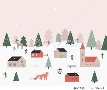 Winter Village Landscape with Snowy Hills and Cozy Houses in Minimal Nordic Style 132996721