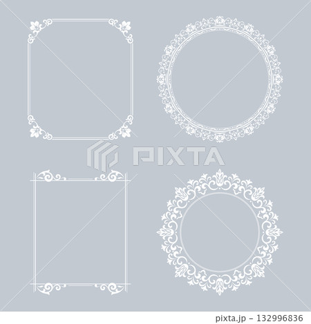 Set of decorative frames Elegant vector element for design in Eastern style, place for text. Floral gray and white borders. Lace illustration for invitations and greeting cards Set of decorative frames Elegant vector element for design in Eastern style, place for text. Floral gray and white borders. Lace illustration for invitations and greeting cards 132996836