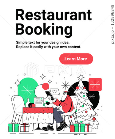 Santa restaurant booking Christmas New Year 2025 festive dinner table decorated tree gifts digital reservation modern flat style web banner Santa restaurant booking Christmas New Year 2025 festive dinner table decorated tree gifts digital reservation modern flat style web banner 132996848