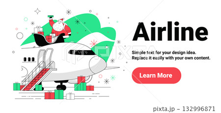 Santa Christmas airline travel airplane gifts festive holiday scene with Santa Claus on jet surrounded by presents snowflakes modern web banner Santa Christmas airline travel airplane gifts festive holiday scene with Santa Claus on jet surrounded by presents snowflakes modern web banner 132996871
