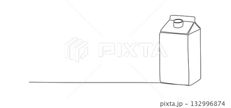 Milk in tetra pack box. Dairy product continuous line illustration. Drink juice doodle sketch. Hand drawn vector one line icon 132996874