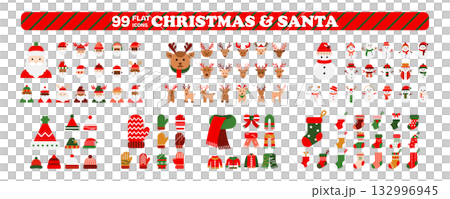 Christmas colored flat icon set, Santa and winter holiday solid vector pack. 99 minimal elements isolated on transparent background. 132996945