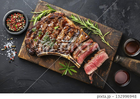 Steak on a board with a side dish. Generative AI 132996948