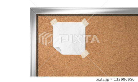 Blank white paper note taped cork-board mockup, depth of field Blank white paper note taped cork-board mockup, depth of field 132996950