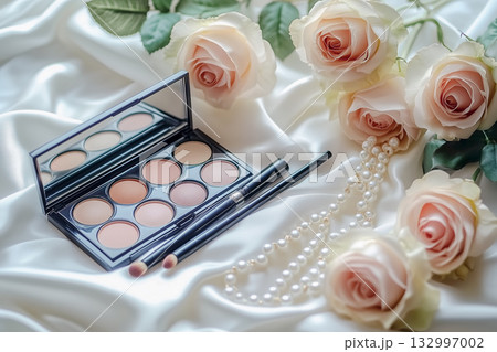 サテン生地の上に並ぶフェミニンな化粧品とアクセサリー 132997002