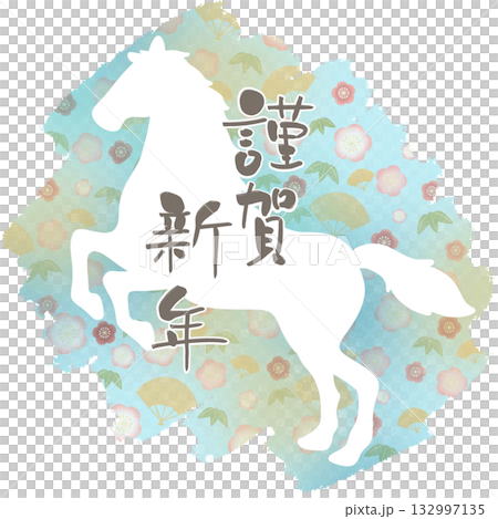 新年快樂日式圖案背景 馬匹剪影 淺藍色 新年快樂日式圖案背景 馬匹剪影 淺藍色 132997135
