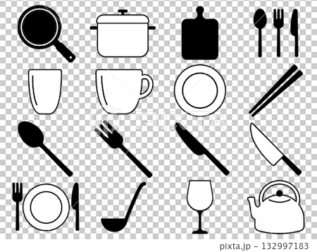 Set of 16 monochrome tableware and cooking utensil icons Set of 16 monochrome tableware and cooking utensil icons 132997183