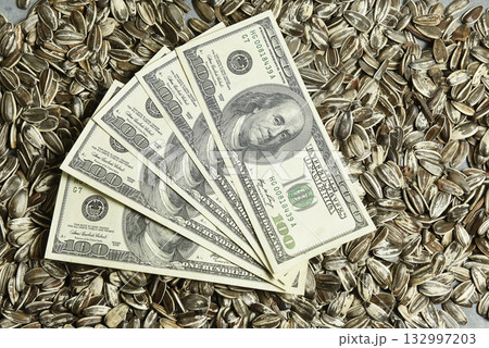 Dollars banknotes and sunflower seeds, oleaginous Commodity value concept. Dollars banknotes and sunflower seeds, oleaginous Commodity value concept. 132997203