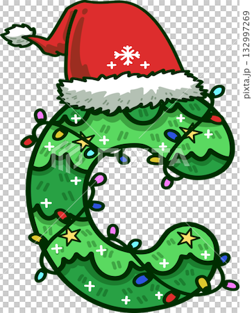 Christmas Tree Uppercase Alphabet C with Santa Hat and Christmas Light 132997269