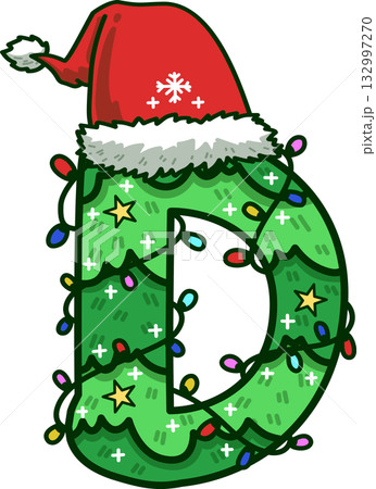 Christmas Tree Uppercase Alphabet D with Santa Hat and Christmas Light 132997270