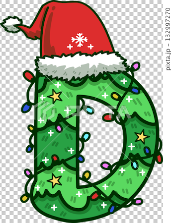 Christmas Tree Uppercase Alphabet D with Santa Hat and Christmas Light Christmas Tree Uppercase Alphabet D with Santa Hat and Christmas Light 132997270