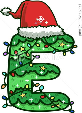 Christmas Tree Uppercase Alphabet E with Santa Hat and Christmas Light 132997271