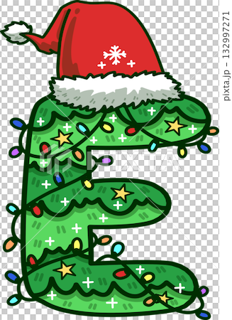 Christmas Tree Uppercase Alphabet E with Santa Hat and Christmas Light 132997271