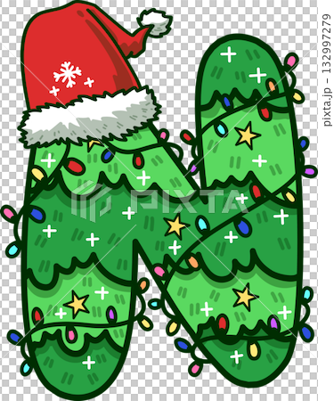 Christmas Tree Uppercase Alphabet N with Santa Hat and Christmas Light Christmas Tree Uppercase Alphabet N with Santa Hat and Christmas Light 132997279
