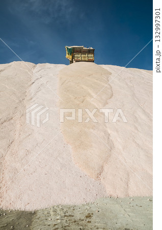 Trucks unloading raw salt bulk, Salinas Grandes de Hidalgo, La Pampa, Argentina. 132997301