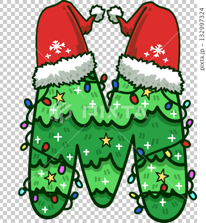 Christmas Tree Uppercase Alphabet M with Santa Hat and Christmas Light Christmas Tree Uppercase Alphabet M with Santa Hat and Christmas Light 132997324
